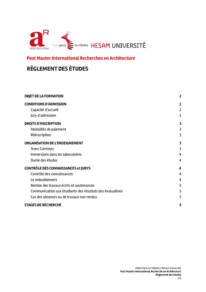 Première page de la ressource PDF Study regulations for the post-master's degree Recherches en architecture, 2021-2022