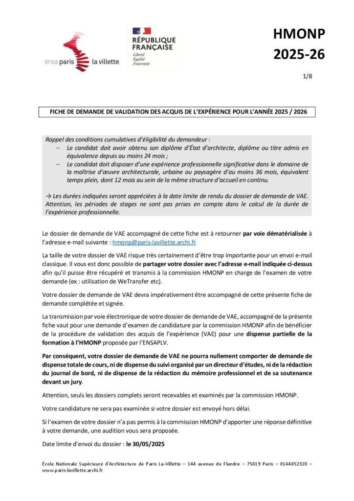 Première page de la ressource PDF Fiche de demande de validation des acquis de l'expérience (VAE) - HMONP, 2025-2026