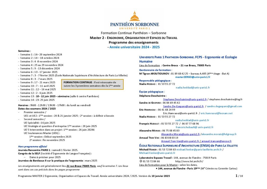 Première page de la ressource PDF Master 2 Ergonomie, organisation et espaces du travail : programme 2024-2025