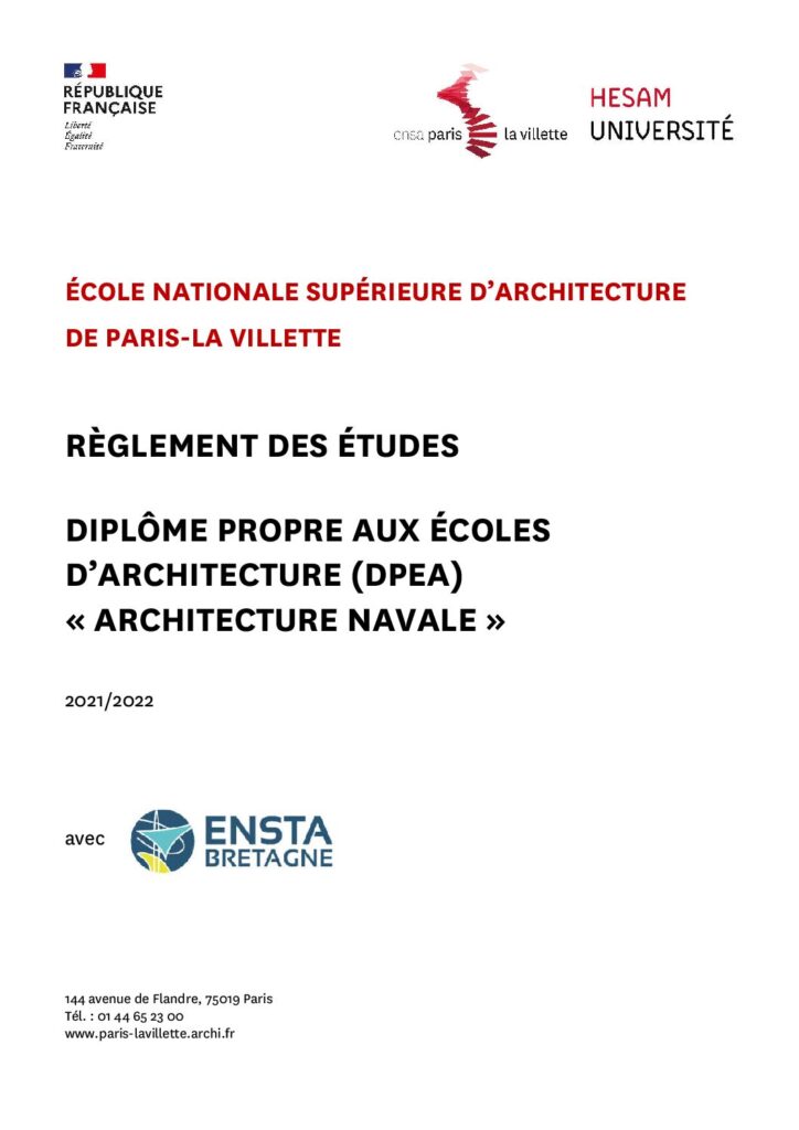 Première page de la ressource PDF Règlement des études du DPEA Architecture navale, 2021-2022