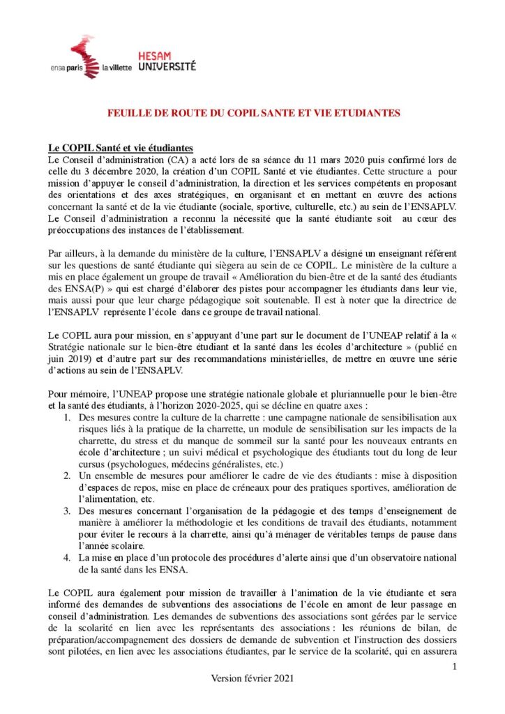 Première page de la ressource PDF Feuille de route du COPIL Santé et vie étudiante de l’ENSAPLV, 2021