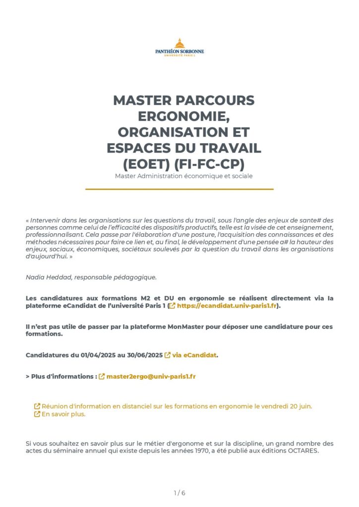 Première page de la ressource PDF Master 2 Ergonomie, organisation et espaces du travail : fiche d'information 2025-2026