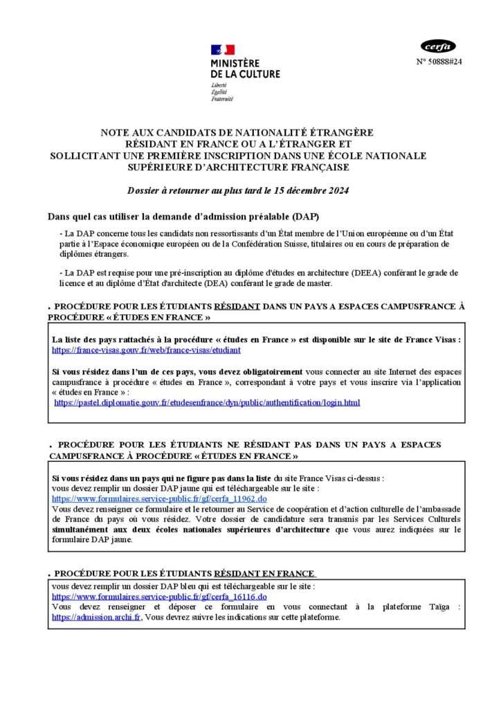Première page de la ressource PDF Admission DAP : note aux candidats 2024-2025