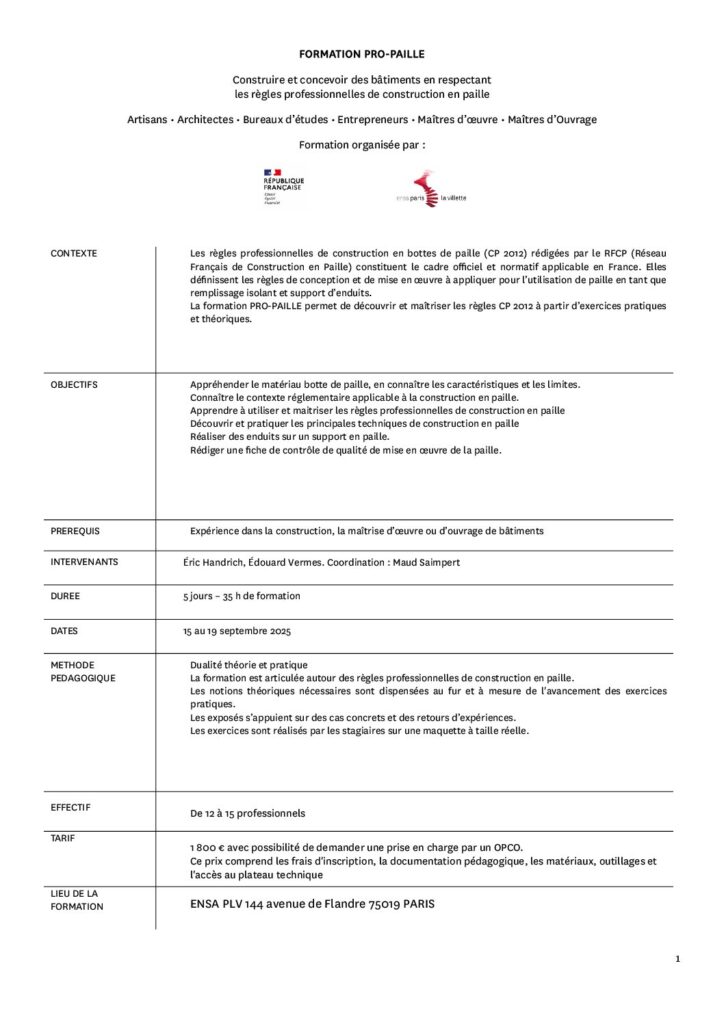 Première page de la ressource PDF Pro-Paille Programme et bulletin d'inscription, 2025