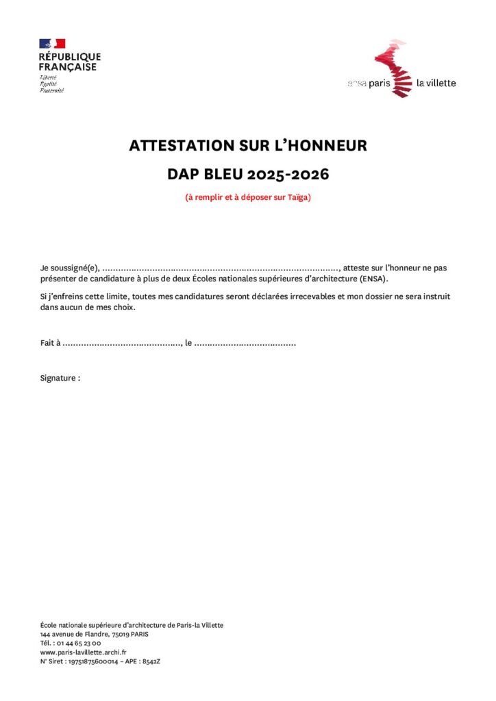 Première page de la ressource PDF Admission DAP bleu : attestation sur l'honneur 2025-2026