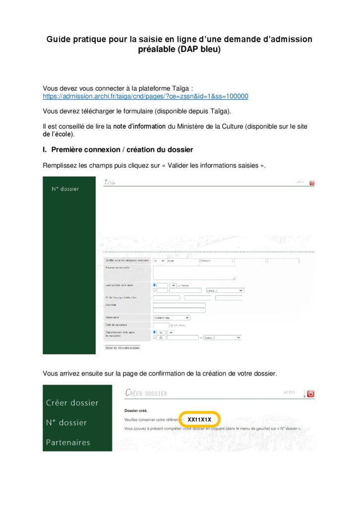 Première page de la ressource PDF Admission DAP bleu : guide pour la saisie dans Taïga