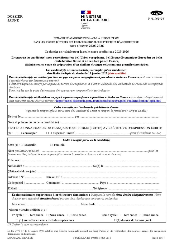 Première page de la ressource PDF Admission DAP jaune : dossier 2025-2026 - cerfa N°11962*24