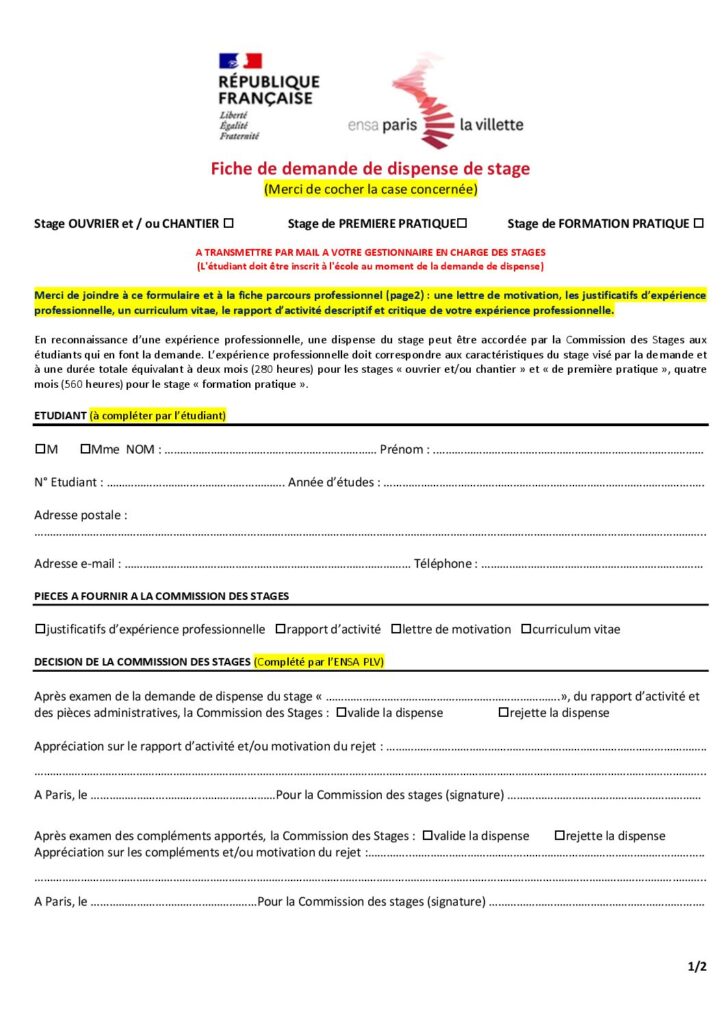 Première page de la ressource PDF Fiche de dispense de stage