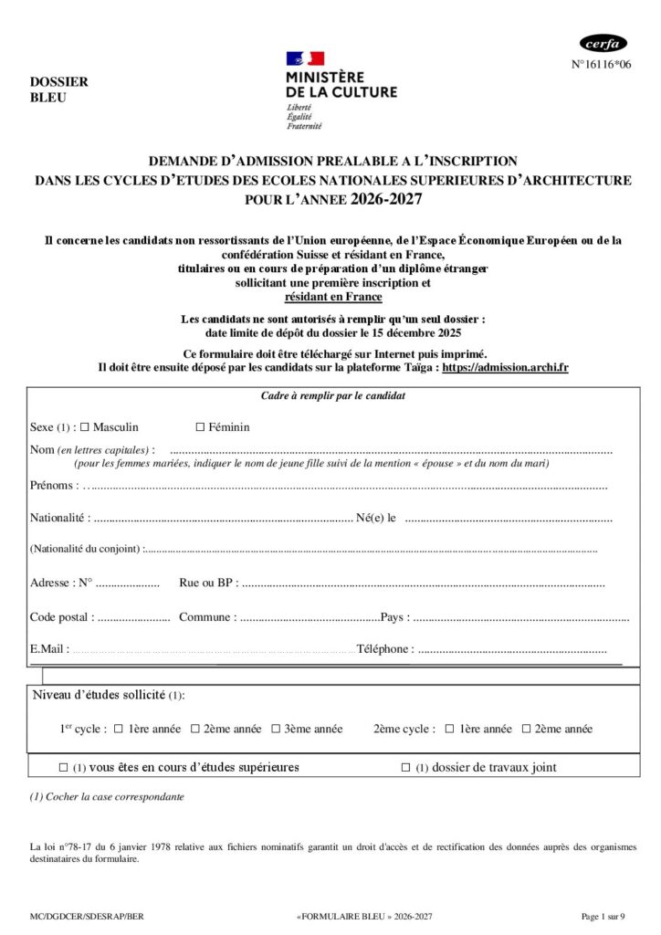 Première page de la ressource PDF Admission DAP bleu : dossier 2026-2027 - cerfa N°16116*05