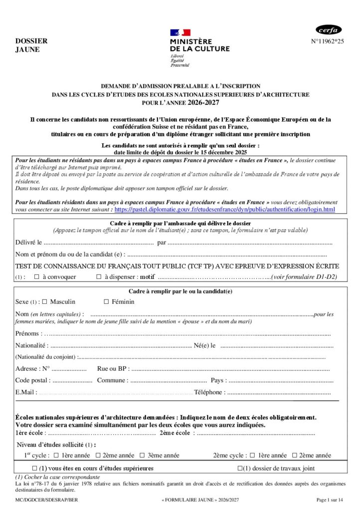Première page de la ressource PDF Admission DAP jaune : dossier 2026-2027 - cerfa N°11962*24