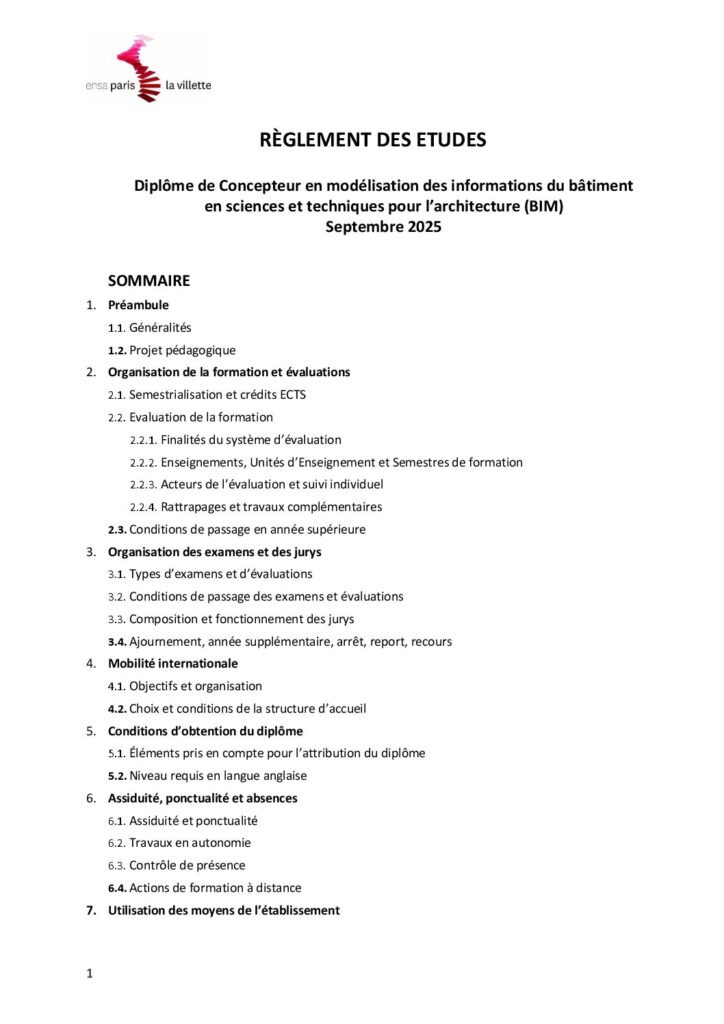 Première page de la ressource PDF Règlement des études du Bachlor BIM, 2025-2026