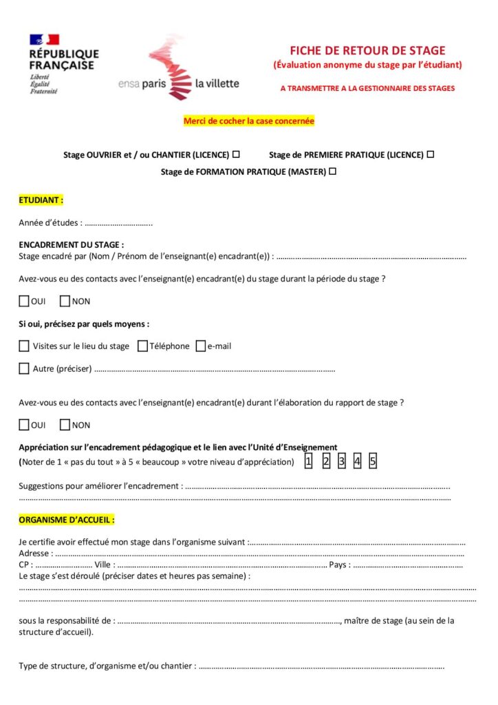 Première page de la ressource PDF Fiche de retour de stage
