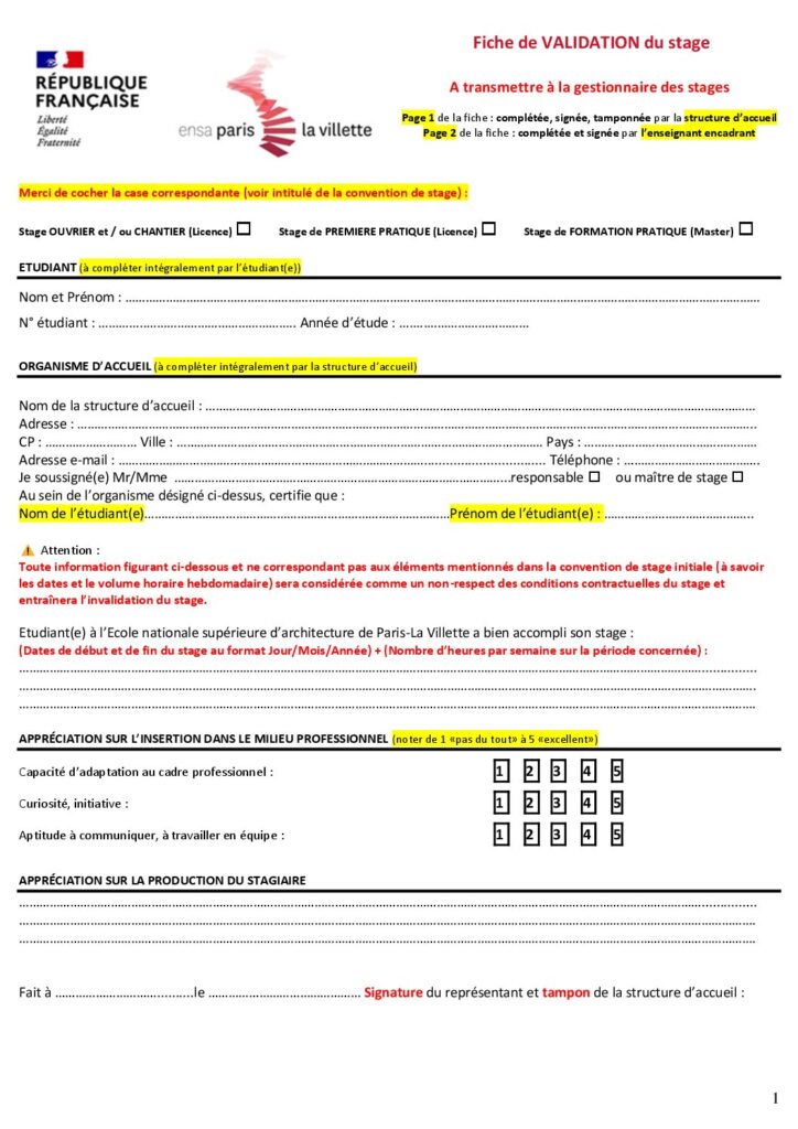 Première page de la ressource PDF Fiche de validation de stage