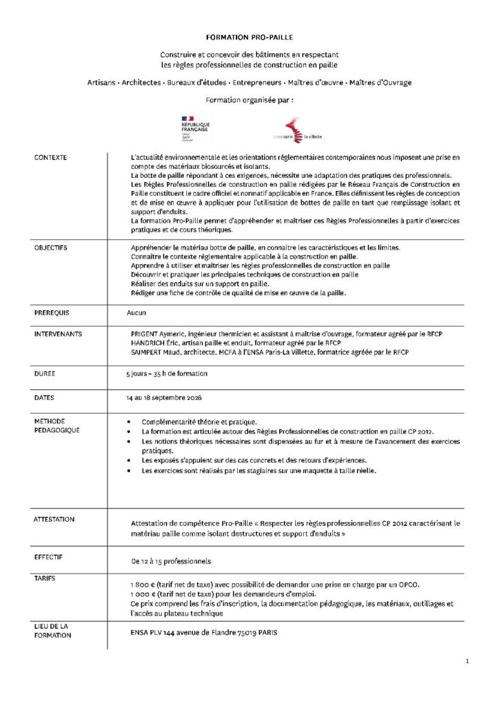Première page de la ressource PDF Pro-Paille Programme et bulletin d'inscription, septembre 2026